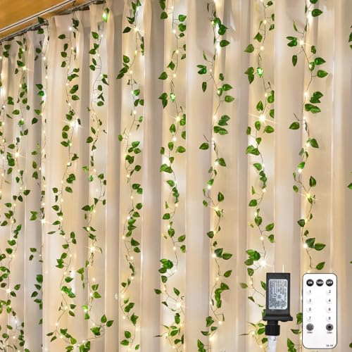 suddus 200 LED-Reben mit Lichtern, 2 x 2 m, Pothos-Vorhang-Lichterkette mit Fernbedienung, hängende Lichterkette mit Ranken für Schlafzimmer, Wand, Schlafsaal, Hochzeit, Party, Innendekoration