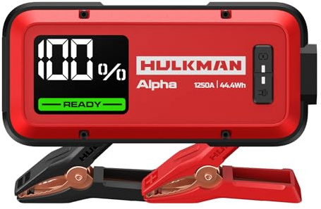 HULKMAN Alpha Ultra Red, Arrancador de Batería Portátil 1250A 44.4Wh,Caja de Arranque 12V para Coches Modernos con Cables, para Motores Gasolina 7.0L / Diésel 4.0L,Carga Rápida 65W, Clasificación IP65