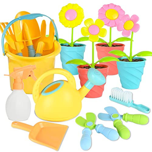 Joellfuner Kinder Gartengeräte Spielzeug, Gartenspielzeug Set Kinder, Blumengarten Spielzeug, Sandspielzeug mit Gießkanne Schaufel Rechen, Gartenwerkzeug Set für Jungen Mädchen 3 4 5 6 7 Jahre