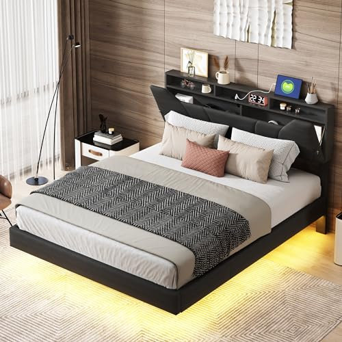 Lit Double Moderne Suspendu avec Tête,Prise Intégrée et Éclairage LED Commande par Télécommande/APP, 160 x 200 avec Sommier(Noir)