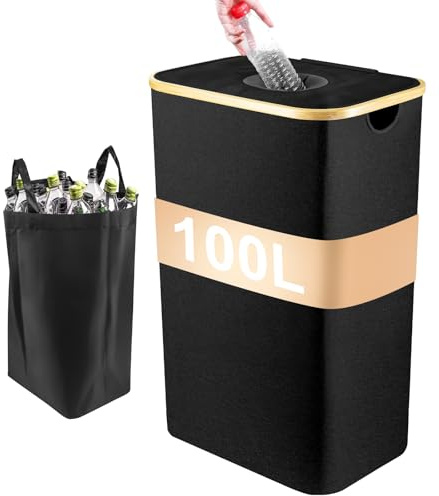 Toemics fandflaschen Sammelbehälter, 100L Pfandflaschen Behälter Mit Deckel & 2 Abnehmbaren Tragetaschen, Flaschensammler Leergut Fasst 30 Leere Flaschen, Leergut Für Küche Und Lagerraum, Schwarz