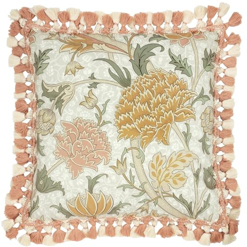 Morris&Co. Cray Feather Rich Filled Cushion – Floral Printed Velvet Pillow with Tasselled Edge Trim (Stone/Grey - 55x55cm)