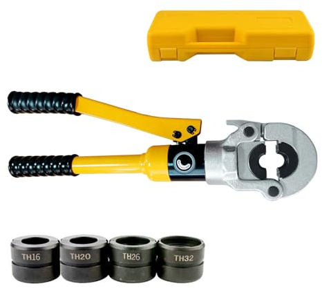 Hydraulic Crimping Tool 10T, Plumbing Tools with 360° Rotating Head, Manual Pipe Press Pliers with 4 TH-Type Dies (TH16, TH20, TH26, TH32, Double-Groove) for PEX, Plastic & Multilayer Pipe
