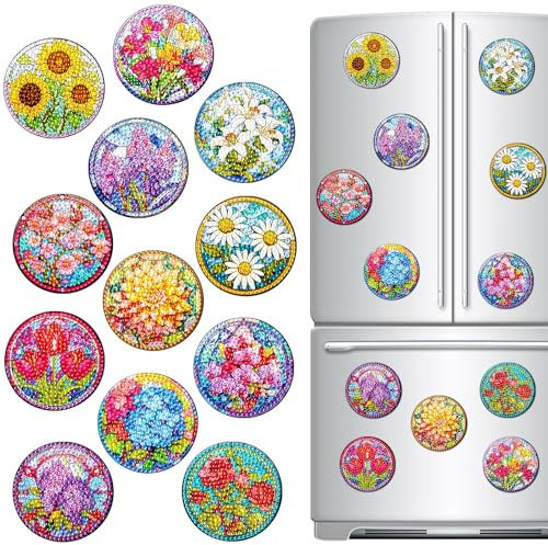 Zonon 12 Pcs Refrigerator Diamond Painting Magnets Easy Diamond Art Painting Magnetic Stickers Kits Fridge Magnets for Adults DIY Home Decors(Flower Style)