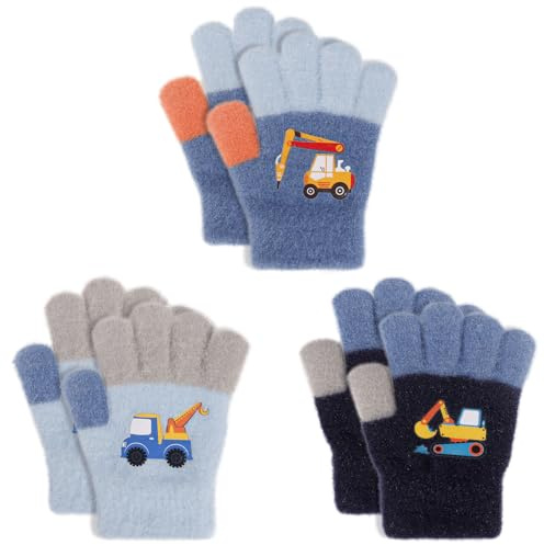 QKURT Kinder-Magic-Handschuhe, 3 Paar Kinder-Stretch-Vollfinger-Handschuhe, Winter-Thermofäustlinge,elastische Fäustlinge, Kälteschutzhandschuhe, Baggermuster, für Jungen und Mädchen, 2–5 Jahre