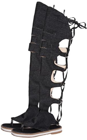 TOPPERFUN Sandali Eleganti Traforati da Donna Stivali Estivi Romani Alti Neri Calzature Leggere e Resistenti per Camminare e Shopping Stile Romano Traforato Taglia 40
