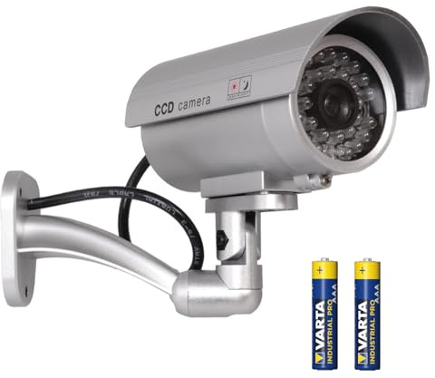 Dummy Kamera für den Außenbereich mit IR LED - realistisch und wetterfest, inklusive AAA-Batterien, Sicherheitsaufkleber, Silber oder Schwarz, Haus- und Geschäftsschutz (Silber)