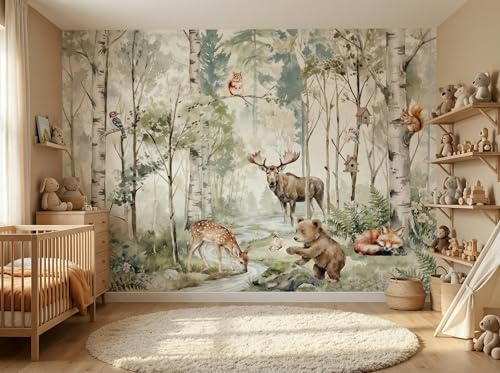 madras24 Fototapete Kinderzimmer Waldtiere nach Maß – Vlies Tapete mit Hirsch, Bär & Reh – Aquarell Wald Design – Individuell anpassbar – Hochwertiger HD Druck – Preis pro m