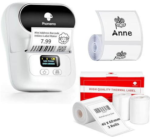 Phomemo M110 Etikettendrucker mit 4 Rollen Etikett, Mini-Thermo-Aufkleber-Maschine,Handy Bluetooth Drucker für Barcode, Kleidung, Schmuck, Einzelhandel, Adresse kompatibel mit Android & iOS