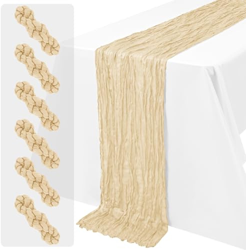 LYAFS Beige Käsetuch Tischläufer 6 Stück 45x275cm Boho Gaze Deko | Gaze Stoff, plissierte Textur, waschbar, geeignet runde/rechteckige Tische, Hochzeit, Brautparty, Tischdekoration