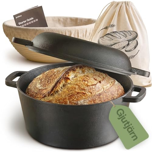 Praknu Pentola Ghisa 26 cm – Casseruola In Ghisa Set – con Cestino Lievitazione & Sacchetto Per Pane – Coperchio Incluso – 4,7 L Dutch Oven