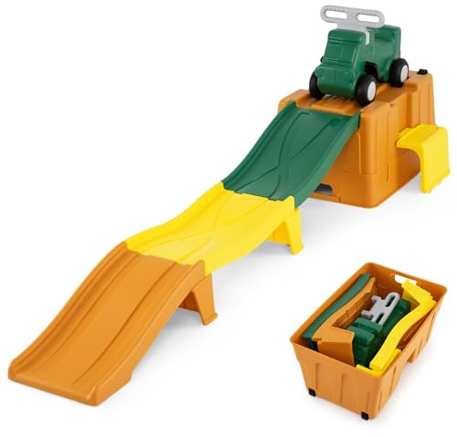 COSTWAY Up & Down Roller Coaster bis 68 kg belastbar (Grün + Gelb + Orange) | erweiterbare Kinderachterbahn mit Rutschauto, Aufbewahrungsbox & Abfahrtsrennbahnen, Motorikspielzeug für kinder ab 3 Jahre