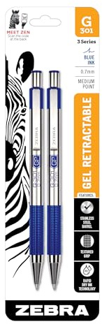 Zebra G-301 Gel Stainless Steel Retractable Pen, 0.7mm, Blue, 2 Pack (41322)