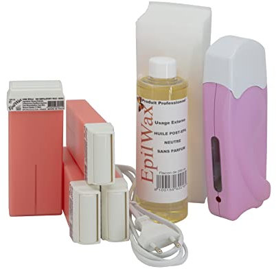 EpilWax - Kit Chauffe Cire Épilation Professionnelle avec 4 x Recharges Roll on Cire à la Rose, 100 x Bandes d'Épilation et Huile après Épilation - Gamme Solo