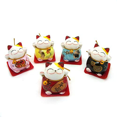 Lot de 5 maneki-neko chats porte-bonheur décoration en céramique