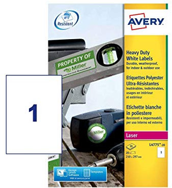 AVERY - 20 Étiquettes Ultra-Resistantes Personnalisables Polyester - Format 210 x 297 mm - Impression Laser