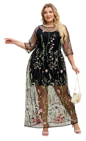 BaronHong Women's Floral Embroidered Tulle Prom Maxi Dress with Cami Dress 3/4 Sleeves