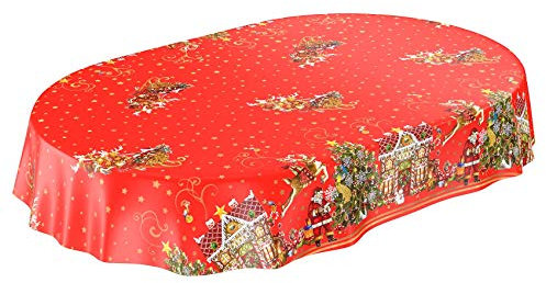 ANRO Wachstuchtischdecke Wachstuch Wachstischdecke Tischdecke Weihnachten Weihnachtsmann Rot Sterne Oval 220x140cm eingefasst