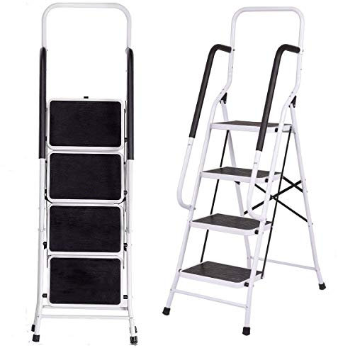 Escabeau 4 Marches avec 2 Rampes de Sécurité & Garde-Corps, Échelle Pliable en Acier Max.150 kg - Escabeau Ménager pour Intérieur/Extérieur