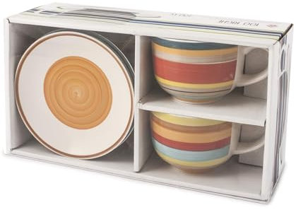 Home 731327 100 Righe Set 2 Tazze Jumbo, con Piattino, Stoneware, cc530, Bianco