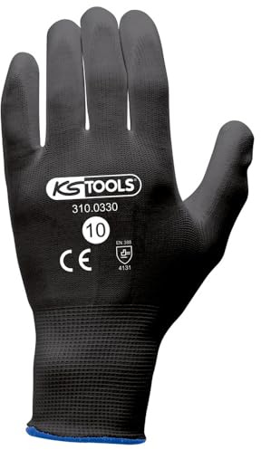KS TOOLS - 310.0330 - Box mit 12 Paar Arbeitshandschuhen Mikrofaser schwarz - Arbeitshandschuh T.10, weiß