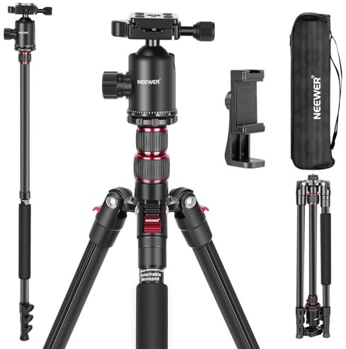 NEEWER 77'' Treppiede Fotocamera, Treppiede Monopiede Pieghevole Alluminio DSLR, Telefono con Testa a Sfera Panoramica 360°, Colonna Centrale a 2 Assi, Piastra Arca QR e Borsa, Carico Max 34lb, TP77