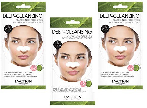 L'Action Paris Deep-Cleansing Tea Tree Nose Pore Strips, Enriched With Indian Lotus Flower Extracts, Unclogs & Deep Cleanses Pores on the Nose - 5 Pcs (3 Pack)