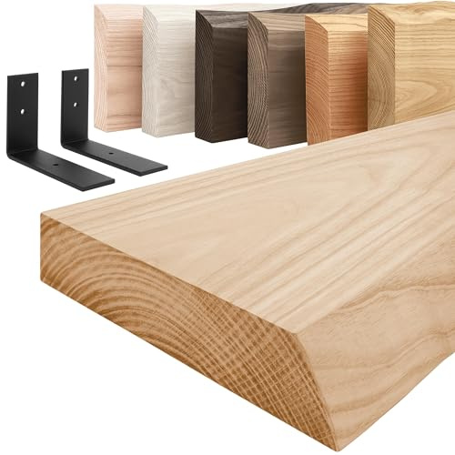 LAMO Manufaktur Holzregal mit schwarzen L-förmigen Halterungen | Wand Regal 70 cm breit für Wohnzimmer, Küche, Büro im Industrial-Stil | Farbe: Natur, Kante: natürlich | Massivholz, Vintage-Charakter