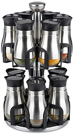 relaxdays Carrousel à épices, 12 Pots, Acier Inoxydable & Verre, Rotatif, Lave-Vaisselle, Support à Herbes, argenté/Noir