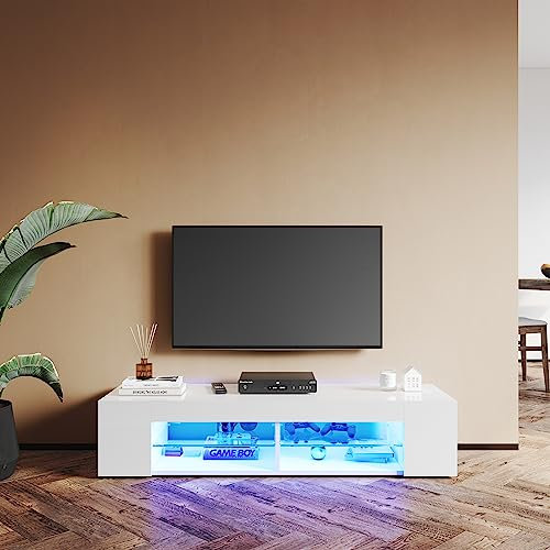 SUNXURY TV Schrank mit LED Beleuchtung Weiß Hochglanz Holz 135 x 39 x 30 cm(B/T/H) Breit Wohnzimmer