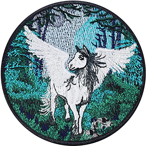 PEGASUS Pferd Aufnäher/Aufkleber gestickt zum annähen | Zauberwald Aufbügler Jeans Flicken Unicorn Patch Kinder Mädchen Applikation Geschenk für Kostüm/Kinderucksack | 80x80mm