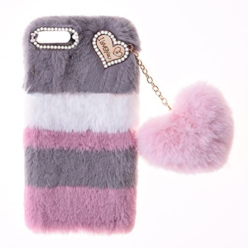Plush Protective for iPhone 5 5s /iPhone SE 4.0 Fur Bunny Furry Phone Cover Plush Case Skin Cover Cute Soft Warm Fluffy Case Love Pendant for Women Girls Shell Splicing Black Furry Fluffy Cases