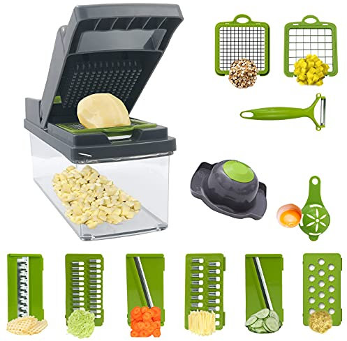 14-in-1 Gemüsehobel Gemüseschneider Multifunktions Küche Zwiebelkartoffelschneider Schäler Gadgets mit Behälter und Ablaufkorb Gemüseschneider