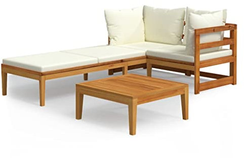 vidaXL Akazienholz Gartenmöbel 3-TLG. mit Cremeweißen Kissen Ecksofa Tisch Sonnenliege Lounge Sofa Sitzgruppe Gartenset Garten Garnitur