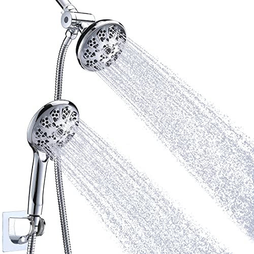 Briout Pommeau de douche double avec douille, 10 réglages haute pression avec tuyau/support – Profitez d'un puissant double pommeau de douche séparément ou ensemble, chromé
