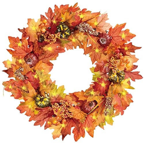 Künstliche Kürbisse Kranz 40cm Künstlicher Herbst Kranz Ahornblatt Kranz mit LED-Licht Haustür Dekoration Kranz mit Ahornblätter Kürbis Bunte Beeren für Halloween Thanksgiving Weihnachten Wandschmuck