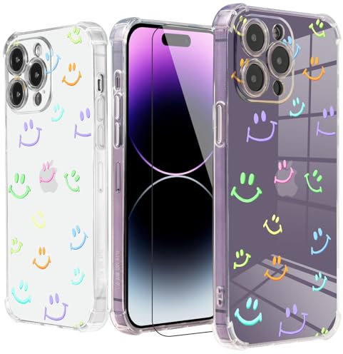 Roemary Smiley Schutzhülle für iPhone 14 Pro Max mit Displayschutzfolie, für iPhone 14 Pro Max Hülle, Smiley-Gesicht, Regenbogen-Design, stoßdämpfend, weiche Bumper-Schutzhülle für iPhone 14 Pro Max