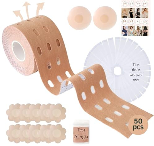 KLAPIA Sujetador Adhesivo Push up -1 Cinta Adhesiva Pecho Boob Tape - 2 Pezoneras Silicona - 10 Cubrepezones Papel - 36 Tiras Ropa Doble Cara- 1 Test Sensibilidad Pack 50 Ud