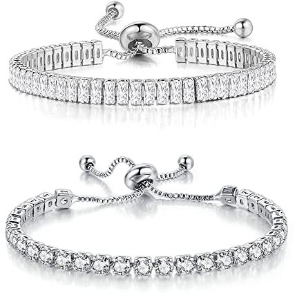 TOEECY Tennisarmband für Frauen 18K Vergoldete AAA + Zirkonia Verstellbare Tennis Armband Set Zierliche Klassische Freundschaftsarmband Modeschmuck Geschenk (Silber,#1)