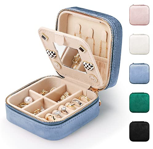 Etercycle Jewelry Box Organiser, Mini Velvet Jewelry Case with Mirror, Travel Jewelry Storage Box for Rings Earrings Necklaces Portable Jewellery Organizer (Blue)