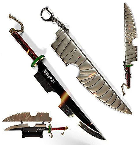 Demon Slayer Anime Katana – Tengen Uzui Brieföffner mit Scheide, Ständer & Schlüsselanhänger, Mini Samurai Schwert 21cm, Schwert Brieföffner für Anime Merch & Geschenk