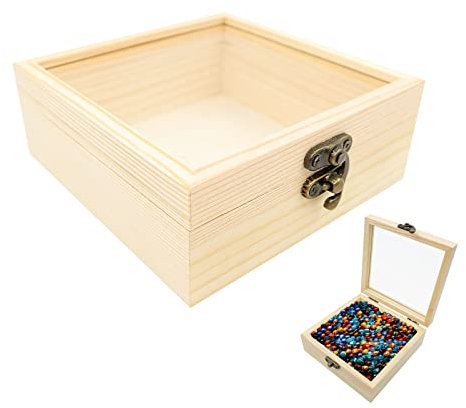 Spldsun Mini Kästchen Holz, Aufbewahrungsbox Holz Klein, Holz Schatzkiste Klein, mit Klarglasdeckel, für Aufbewahrung Schmuck, Blumen, Snacks, Kleinigkeiten (12 * 12 * 5 cm)