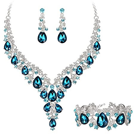 Clearine Damen Hochzeit Braut österreichischen Kristall Teardrop Blume Cluster Statement Halskette Ohrringe und Armband Schmuck-Set für Prom Blautopas Silber-Ton