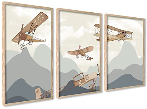 ag.art deco Kinderposter 3er Set | 3 Stück 50x70cm | Flugzeug auf den Bergen Poster für Kinder | Bilder Kinderzimmer Babyzimmer Wanddeko | ohne Rahmen