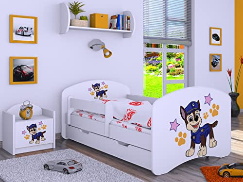 BDW Kinderbett Super Hunde - Babybett mit Matratze und Schublade - Bequem und Langlebig Rausfallschutz Bett - Kinderzimmer - Weiß (Motiv 5) - 160x80