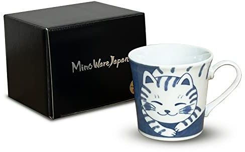 MINO WARE JAPAN Japanese Ceramic Mug with Gift Box-Nekochigura Teacup Series-10 fl oz Japanese Yunomi Pottery Green Tea Coffee Mug Soup Cup, Hot or Cold drinks, Dishwasher and Microwave safe (Tora)