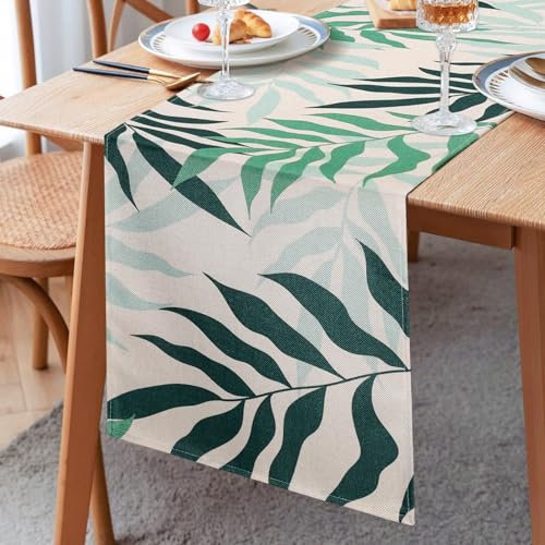 Inhobbok Tischläufer Grün Blätter Leinen Frühling Sommer Moderne Waschbare Bunte Mintgrüne Blätter Muster Tischläufer für Küche Esstisch Tischdekoration Esszimmer Dekoration33x183cm
