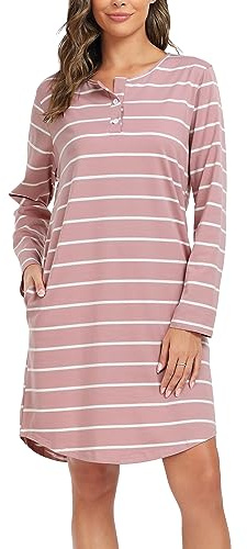 Lovasy Nighties for Women Cotton Nightdresses for Women UK Stripe Long Sleeve Nightdresses & Nightshirts with Pockets