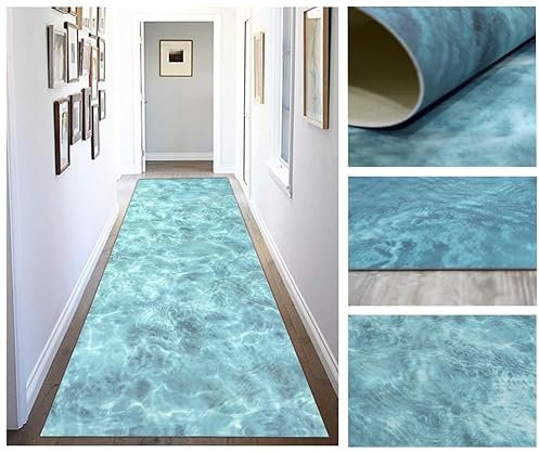 Tadi & Imperio1979 Tappeto vinilico pvc design digitale riva del mare per soggiorno, cucina, soggiorno, ingresso, bagno o camera da letto con retro in pvc antiscivolo e lavabile in blu turchese