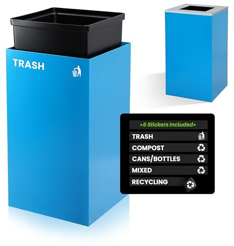 Alpine Commercial Indoor Recycle Bin - 29 Gallon Modern Looking Blue Recycle Bin, Office Recycling Bins, Metal Trash and Recycling Container with Stickers & 3 Optional Lids (lid Sold Separately)